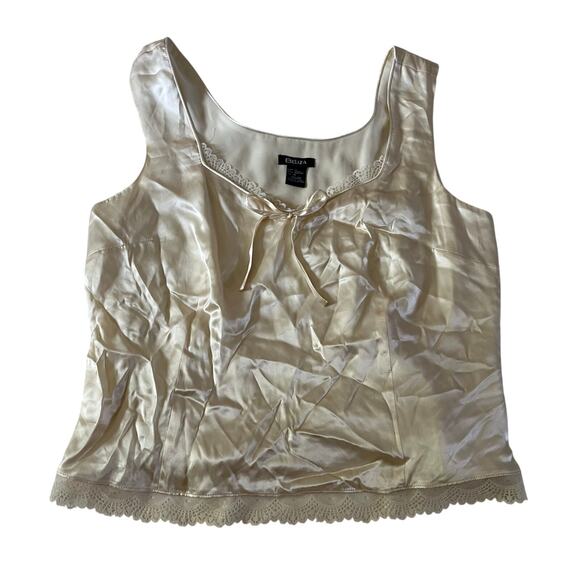 Vtg Y2K 2000s Cream White 100% Silk Bow Lace Trim Tank Top Plus Size 16 Coquette - Picture 1 of 8